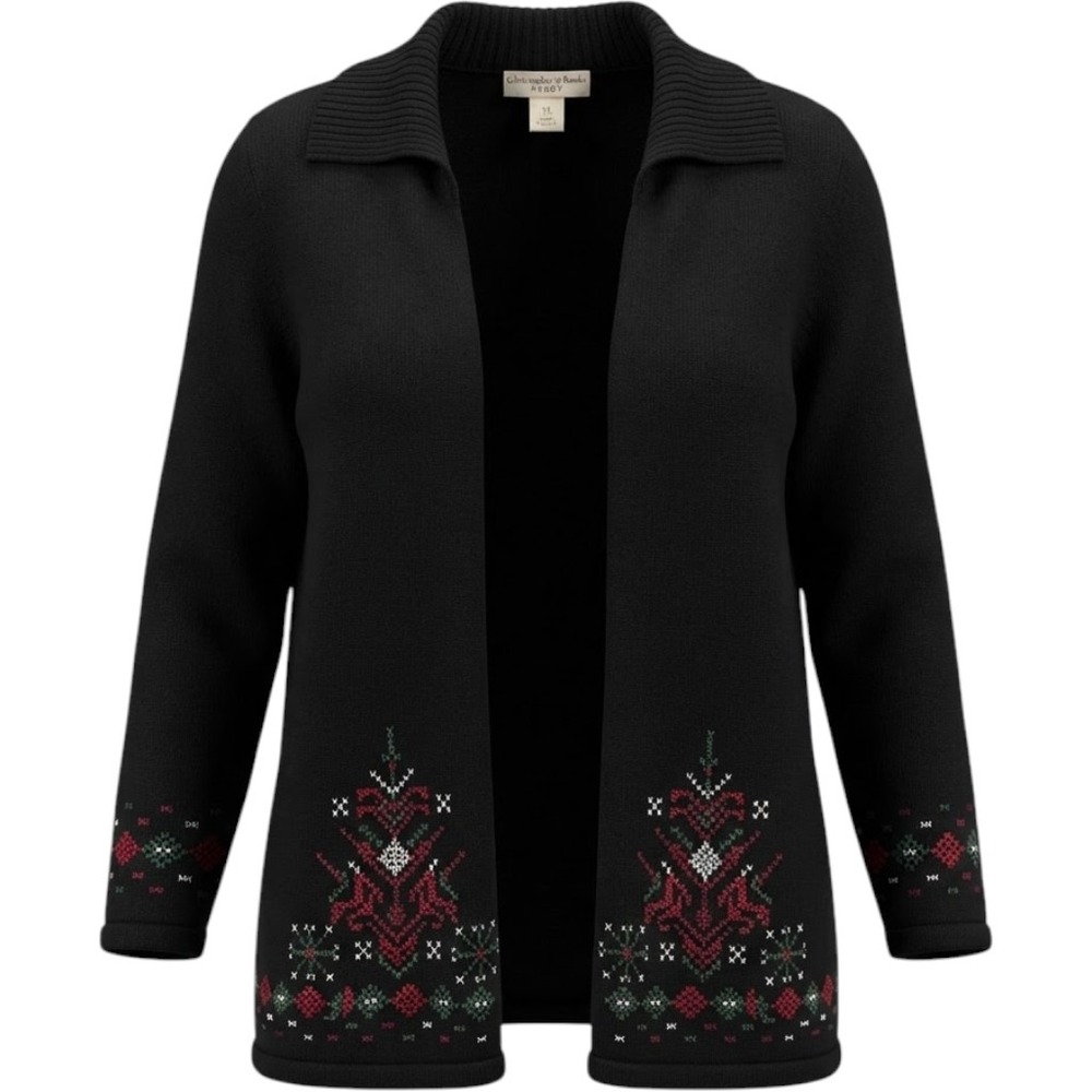 Christopher & Banks Petite XL Black Embroidered Holiday Cardigan Fair Isle Folk